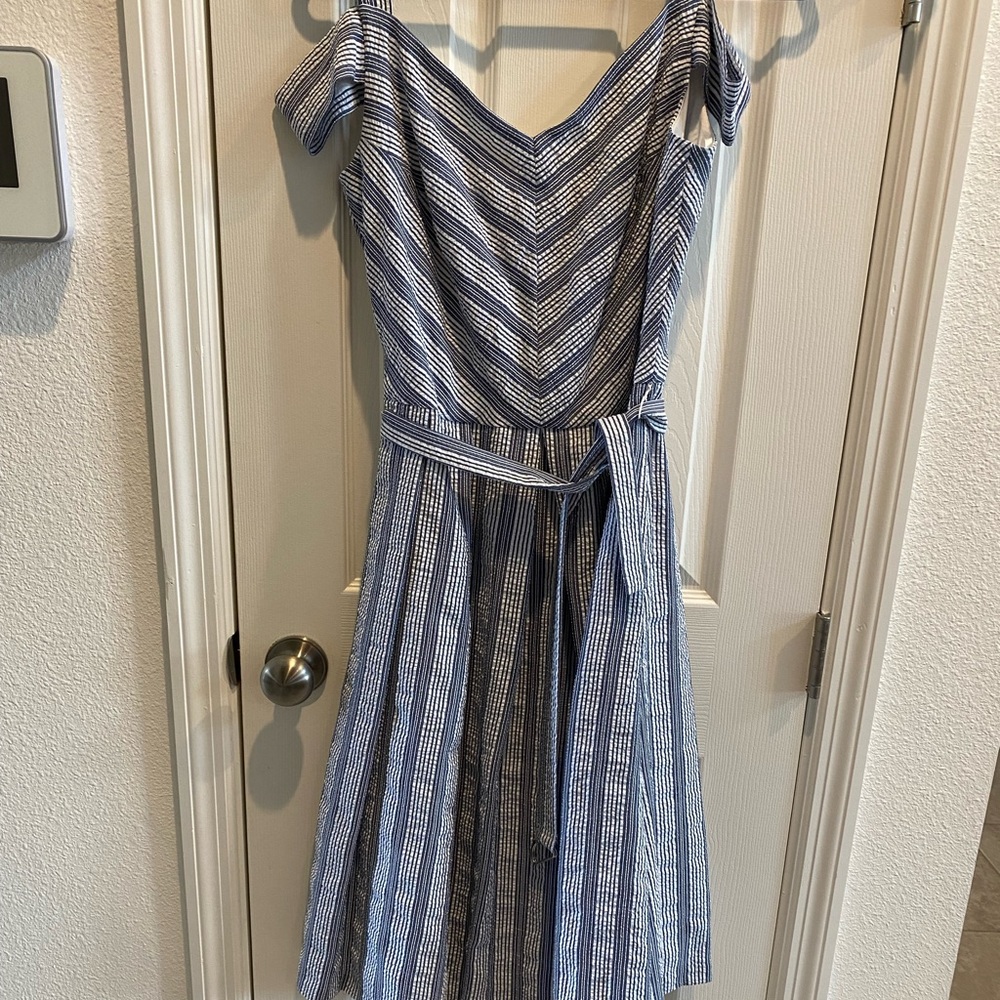 White House Black Market midi dress, cold shoulder, belted waist sz 12 VGUC